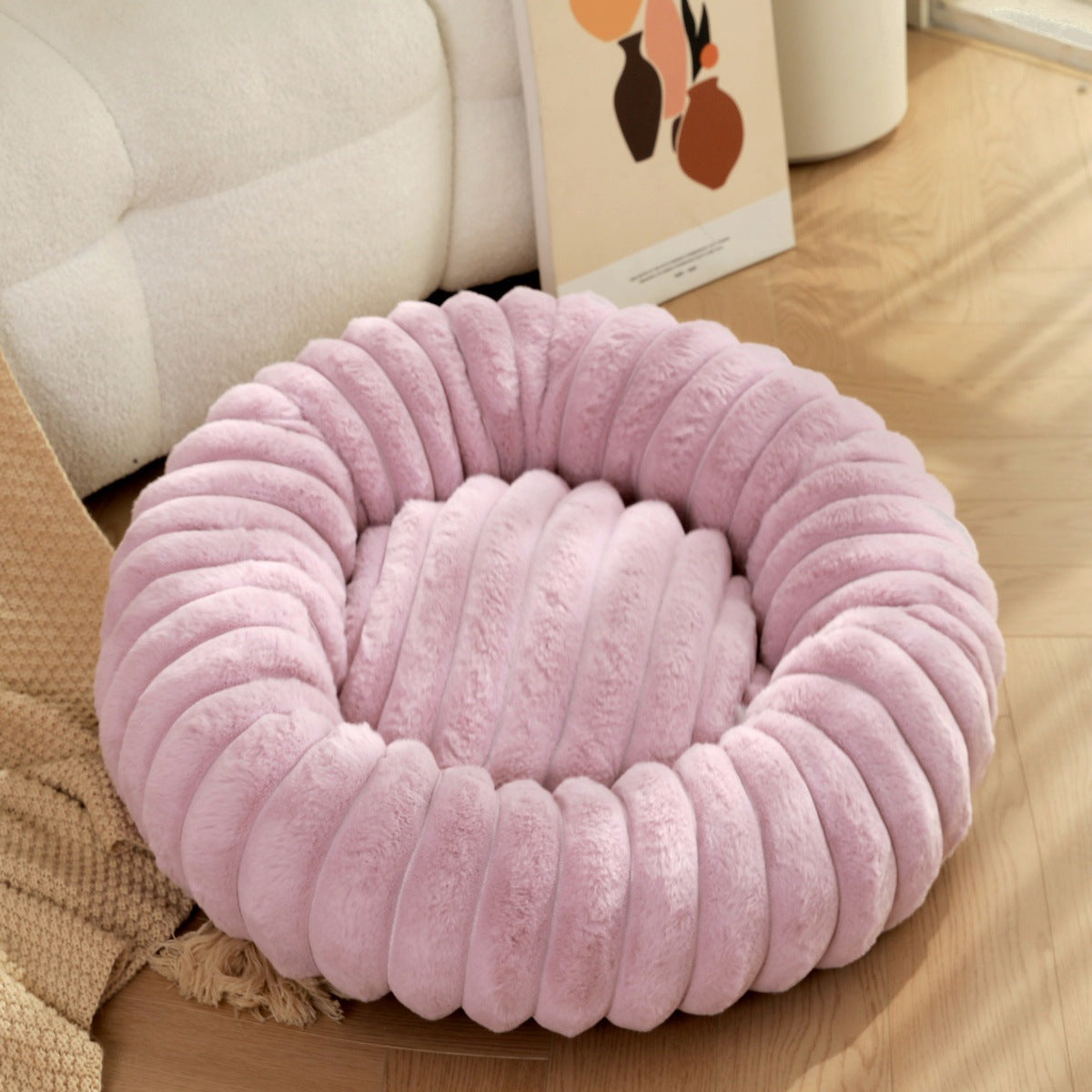 Round Long-Hair Plush Pet Bed – Warm Cat & Dog Mat