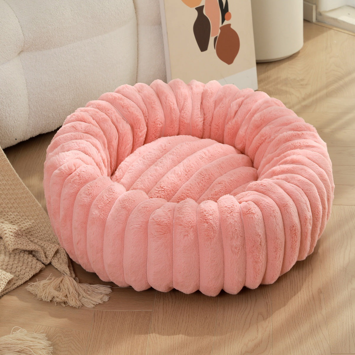 Round Long-Hair Plush Pet Bed – Warm Cat & Dog Mat
