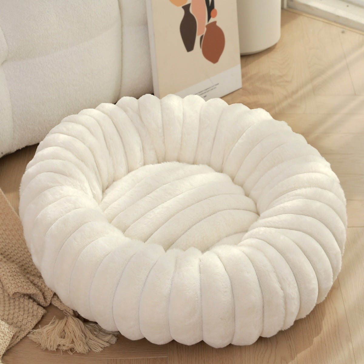 Round Long-Hair Plush Pet Bed – Warm Cat & Dog Mat