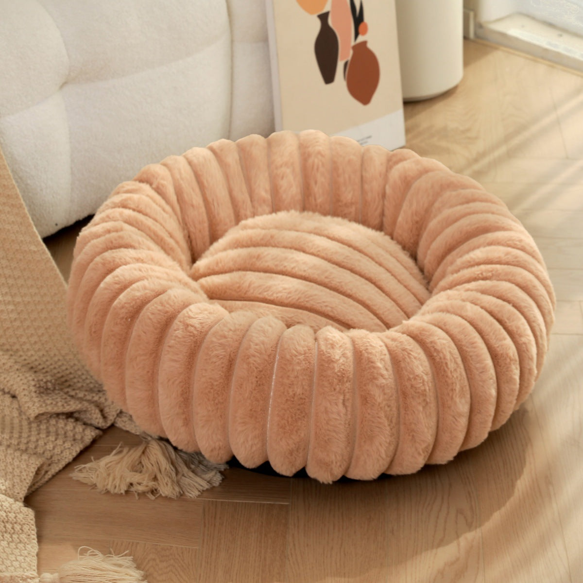 Round Long-Hair Plush Pet Bed – Warm Cat & Dog Mat