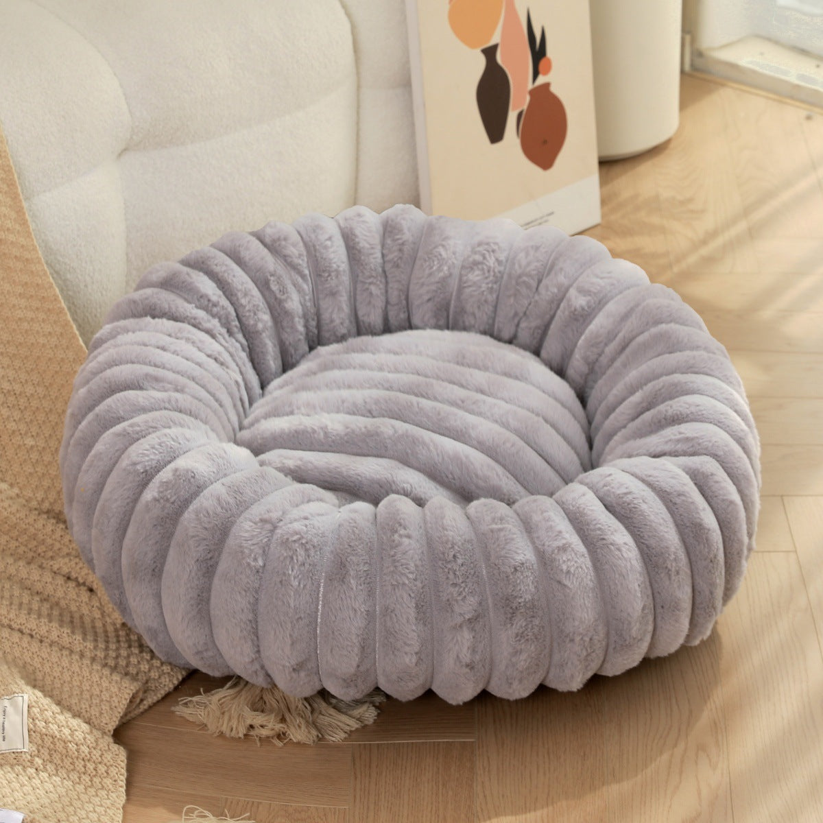 Round Long-Hair Plush Pet Bed – Warm Cat & Dog Mat